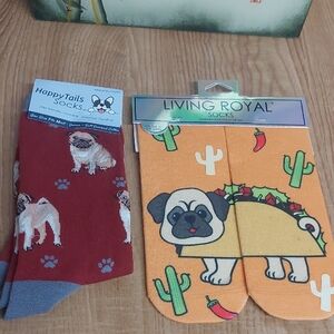 2 PAIRS Living Royal Pug Taco Socks & Happy Tails Pug Socks One Size Fits most
